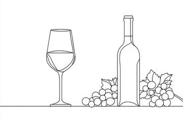 minimalist continuous line drawing of wine bottle, glass and grape cluster, elegant simplicity on clean white background