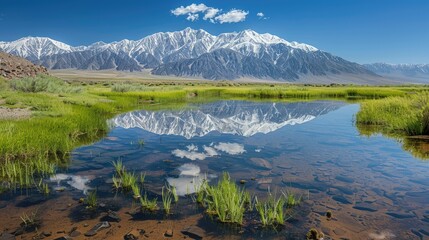 Tranquil lake reflecting snow-capped mountains