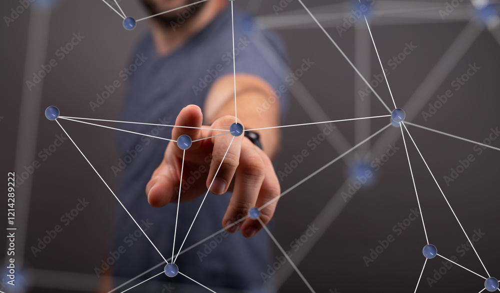 Poster businessman pointing or touching finger in screen..