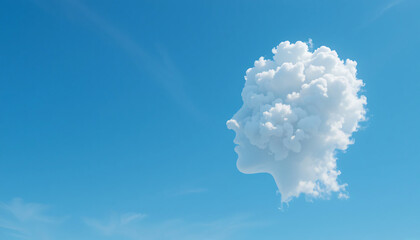 human head formed by fluffy clouds on a clear blue sky, mental health, mindfulness or inner peace concept