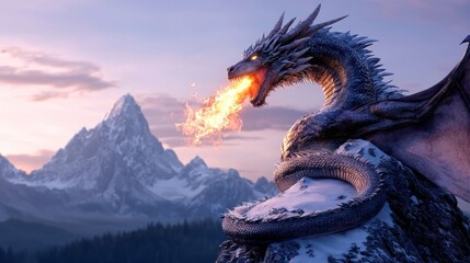 Naklejka premium Majestic Fire-Breathing Dragon in Snowy Mountains