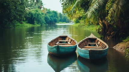 Obraz premium Traditional South Asian boats in a calm river surrounded by lush spring vegetation