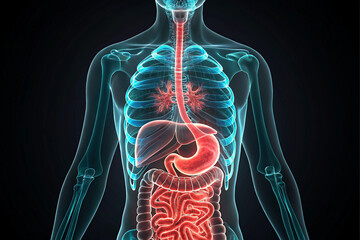 Human stomach showing nervous system in red glowing anatomy
