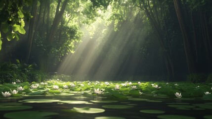 Obraz premium Sunbeams illuminate a serene pond with white water lilies in a lush green forest.