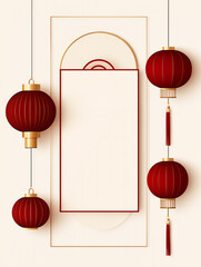 Seollal, Korean Lunar New Year Lantern template, white and red minimalist interior design, with traditional holiday hanging red lanterns, with a serene and elegant feel, for Chinese New Year	