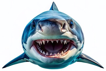 Naklejka premium Fierce Shark Close-Up: Detailed Texture, Sharp Teeth, Intense Gaze, Isolated on White