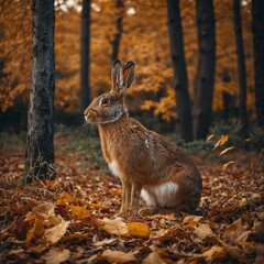 Fototapeta premium A hare surrounded by autumn leaves in a forest, golden and red hues creating a warm backdrop.