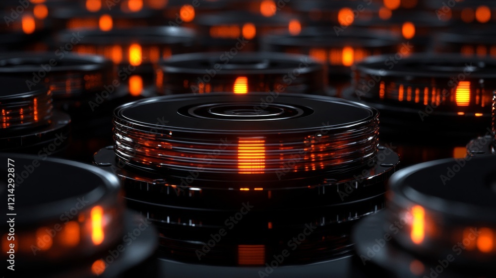 Poster glowing orange disks in dark abstract background