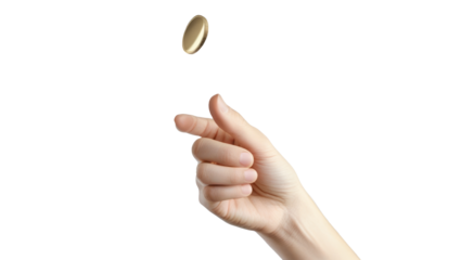 Hand flicking a gold coin into the air isolated on transparent or white background.