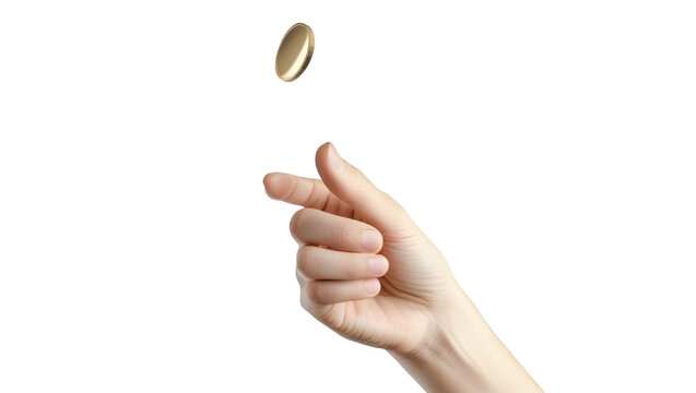 Hand flicking a gold coin into the air isolated on transparent or white background.