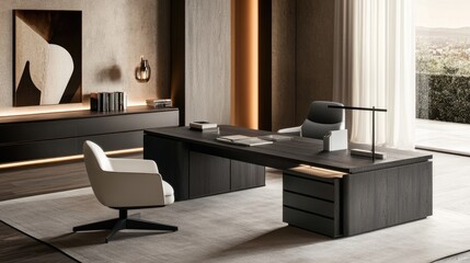 A modern home office setup with an industrial touch: gray wooden desk, sleek black organizer, and a white chair in a warm lit space
