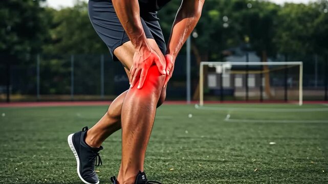 Man, knee and pain in leg injury for accident, health problem and discomfort. Sport, athlete and person with trauma, inflammation and strain 