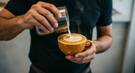 A close-up of a barista’s hand creating latte art in a steaming cup of coffee