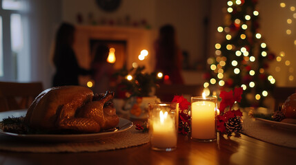 Festive Christmas Dinner Table with Roasted Turkey and Family Celebrations