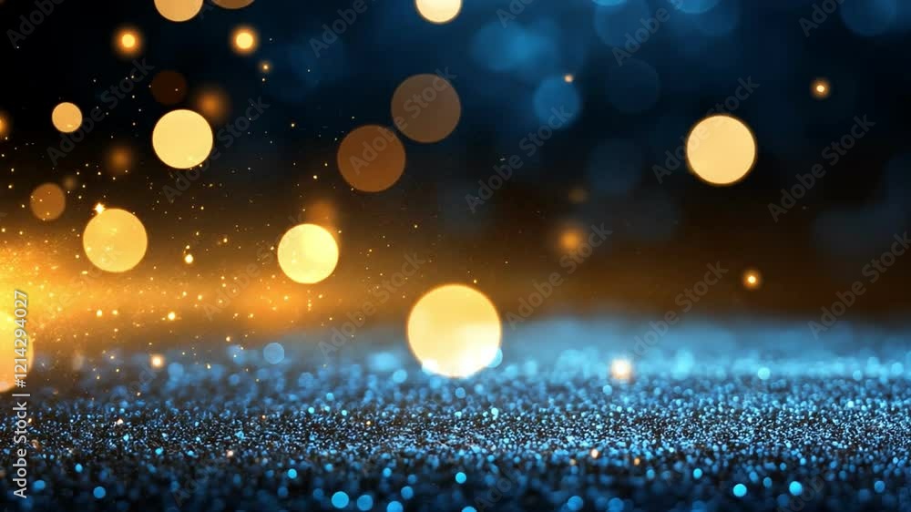 Poster a shimmering blue and golden abstract background with sparkling light effects.