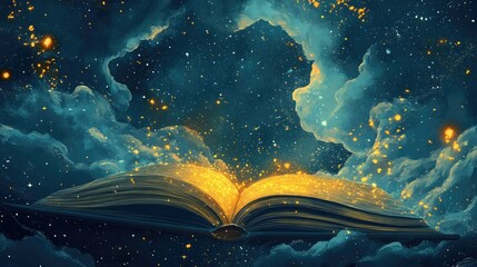 Illustrated book page with dreamy celestial art and glowing stars