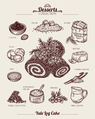 Sweet dessert recipe. Chocolate yule log cake. All ingredients for the cake. Graphic drawing, engraving, etching technique. Line art, sketch style. Vector hand drawn illustration