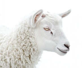 Fototapeta premium Sheep with fluffy white wool standing against a plain background, showcasing its facial features and serene expression