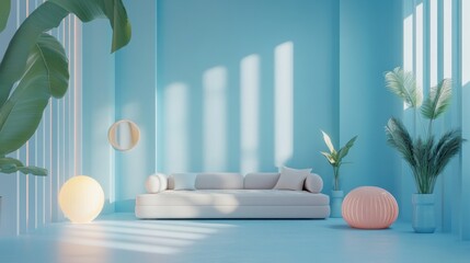 Light blue room, modern sofa, plants, sunlit interior, home decor