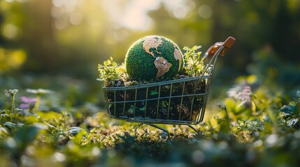Shopping cart with a green planet, representing eco-friendly choices and sustainable consumption for a greener, healthier future.