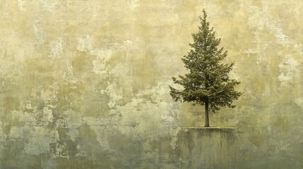 Lone tree against weathered wall.
