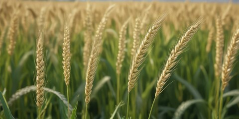 Fototapeta premium Close-up of immature wheat panicles in agriculture field, panicles, field, selective focus