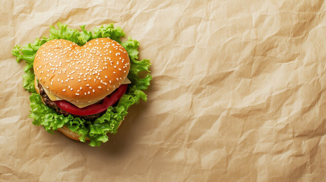 Cheeseburger in shape of heart on the craft paper on background with copy space on the right. St Valentin's day dinner.