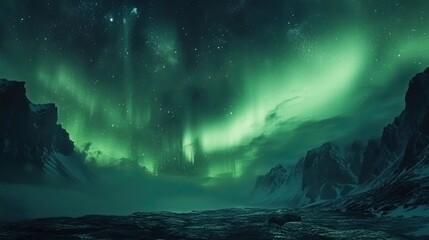 Naklejka premium Northern Lights illuminating snowy mountains at night; mystical landscape for travel or fantasy backgrounds