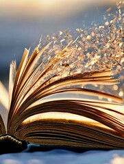 An open book with pages fluttering in the wind, symbolizing fleeting memories