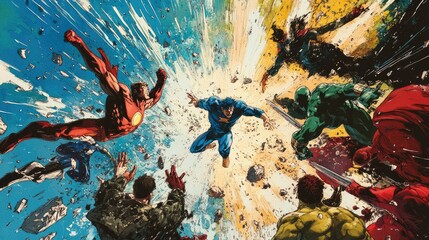 Modern comic book open to a dynamic superhero battle scene