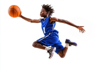 Young athlete performs impressive jump while dribbling basketball in dynamic action shot during practice session indoors