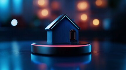 Smart Home Concept: Futuristic House Model on Illuminated Platform