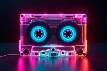 A glowing cassette tape radiates vibrant neon lights in a retrofuturistic style