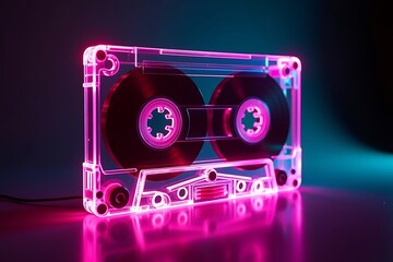 Fototapeta na wymiar A glowing cassette tape radiates vibrant neon lights in a retrofuturistic style