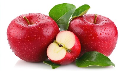 A perfectly shaped red apple with green leaves, isolated on a bright and clean white background