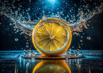 Floating Lemon Slice in Water with Bubbles - Low Light Photography Stock Photo