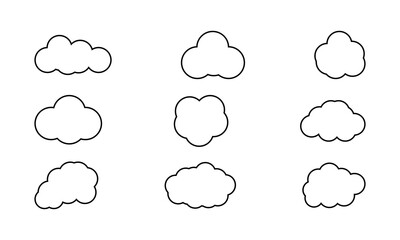 Stroke outline cloud icons set isolated on white background. Cloud services and weather Linear icon collection. Vector illustration.