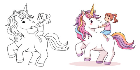 Cute Kawaii Unicorn and Little Girl Line Art Vector Illustration Black and White with Coloring Sample. Bold and Easy Animals Coloring Pages for Adults and Kids. Kids apparel print design