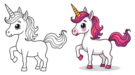 Cute Kawaii Unicorn Line Art Vector Illustration Black and White with Coloring Sample. Bold and Easy Animals Coloring Pages for Adults and Kids. Kids apparel print design
