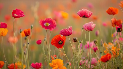 Fototapeta premium Colorful poppies bloom in a field at sunset, nature background, idyllic scene
