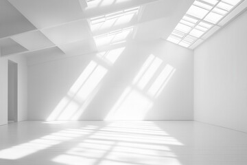 Fototapeta premium minimalist white gallery space with subtle shadow play, ethereal ambient light filtering through hidden skylights, creating geometric patterns