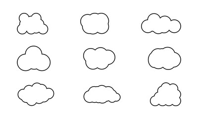 Stroke outline cloud icons set isolated on white background. Cloud services and weather Linear icon collection. Vector illustration.