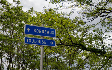 Road signs and directions, driving car in summer on French road, tourists destinations French cities and villages, different types or roads in France, transportation and traffic problems