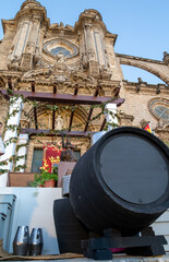 Harvest festival in Jerez de la Frontera, first pressing of grapes juice and filling of first...