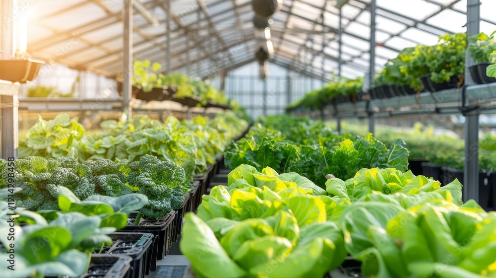 Poster large modern greenhouse with rectangular columns growing rows of lettuce and fresh vegetables