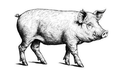 Pig, hog, boar. Vintage retro print, black white pig sketch ink pencil style drawing, linear drawing, engrave old school. Sketch artwork silhouette pig, hog, boar. Side view profile. Illustration