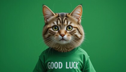 cat wearing a t-shirt with good luck text on a green background
