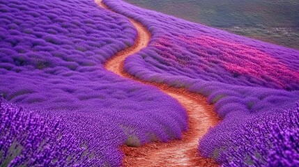 Overhead view of a lavender field with a meandering dirt path, showcasing the texture of the plants and a soft, warm light, creating a calming and peaceful scene.