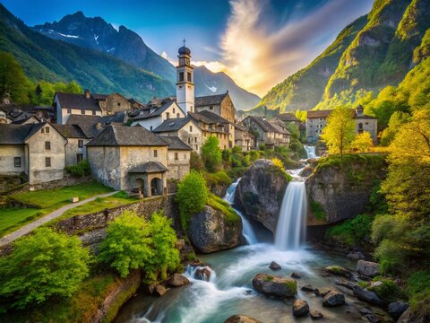 Foroglio Waterfall Spring Silhouette, Valle Bavona, Switzerland: Picturesque Swiss Village