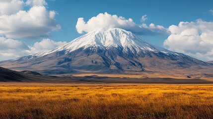 Fototapeta premium Majestic snow-capped mountain in autumnal plains, under a bright sky. Ideal for travel brochures